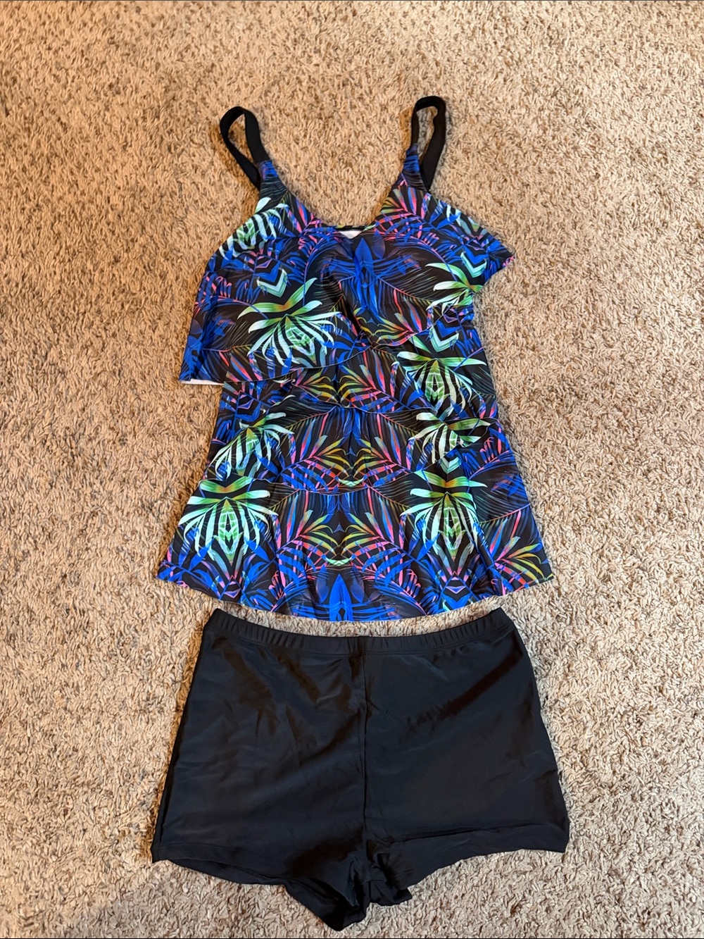 Tropical Print Tankini Top with Black Swim Shorts